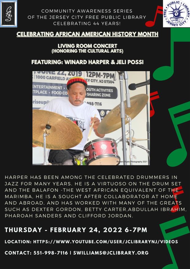 The flyer has a black background with all the details on the top and bottom of the flyer. There is a picture of the entertainer playing drums in the center of the page.