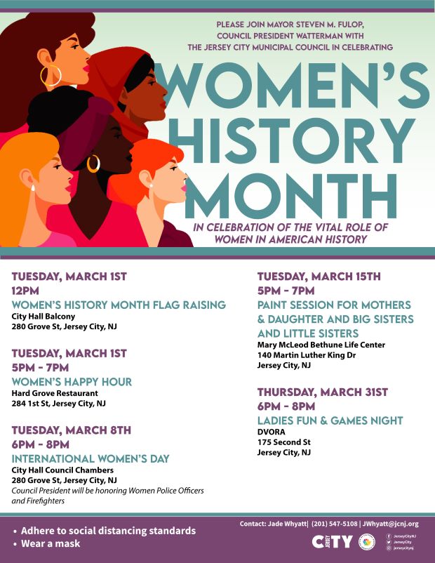 The flyer is split in half. The top half has a profile of women of different race on the left. The right side is the announcement of Women's History Month. The bottom half is all the information for the different events taking place through out the month.