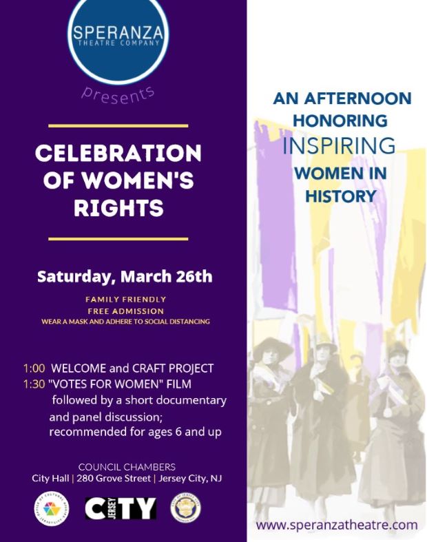 The flyer is half purple on the left side with all the information for the event. The right side is a muted picture of women marching with flags.