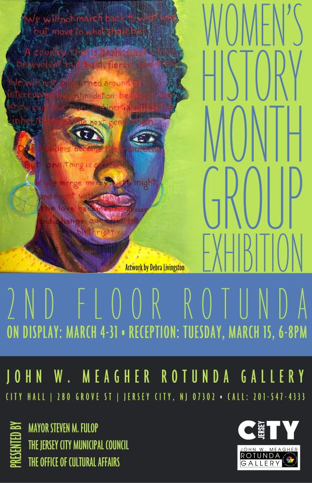 The flyer is a lime green on the top half of the page. There is a picture of a African American Woman on the left. The right side is the announcement. Below this is blue then black. The gallery information is listed through the bottom half of the page.