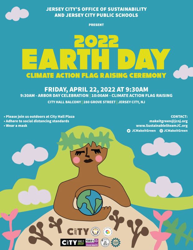The flyer is for the Earth Day flag raising. It is a blue flyer with all the information for the event on the top half of the page. The bottom half is a drawing of a women with yellow/green hair that flows like mountains with clouds on the flyer. She is holding planet earth.