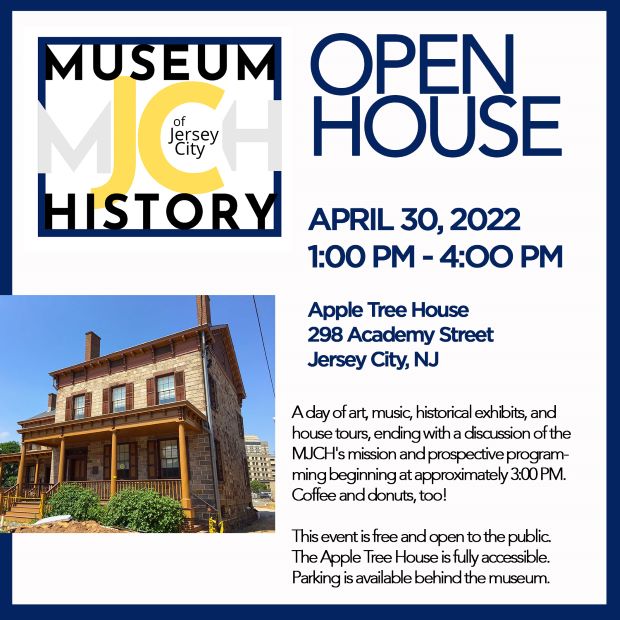 The flyer is white with a navy blue border. The top of the page is the announcement and details also going down the right side of the page. The left lower corner is a picture of The Apple Tree House.