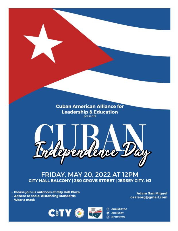 The flyer is blue with the Cuban flag across the top of the page. The center to the bottom is all the details for the flag raising.