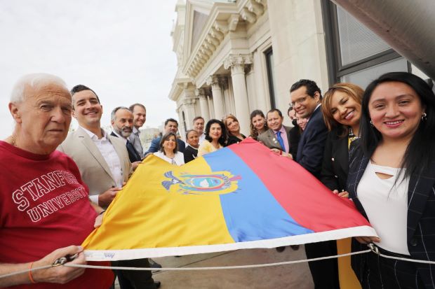 GROUP PICTURE ON THE CITY HALL BALCONY FOR THE ECUADORIAN FLAG RAISING 