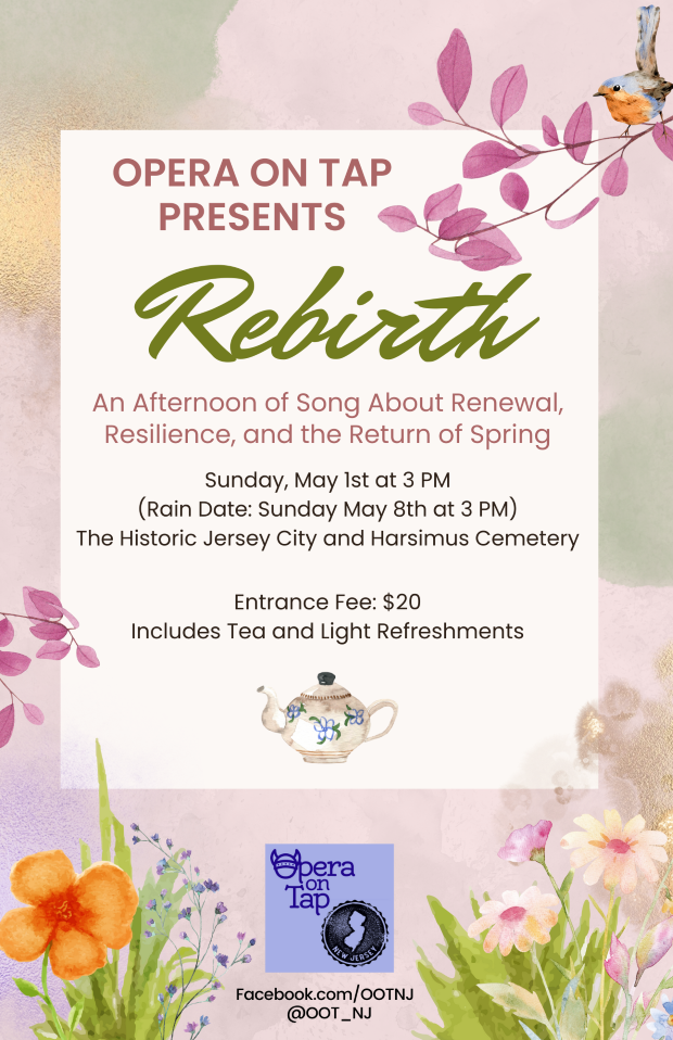 The flyer has a blend of pastel colors framing the information for the opera. There are flowers along the bottom and a bird on a branch in the top right corner. 