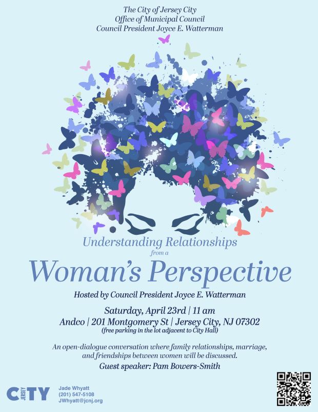 The flyer is framed in white with a pale blue center. In the middle of the page is the top of a woman's head to her eyes. Her hair is all different color butterflies as her hair. The top and the bottom of the page is all the information for the event. 