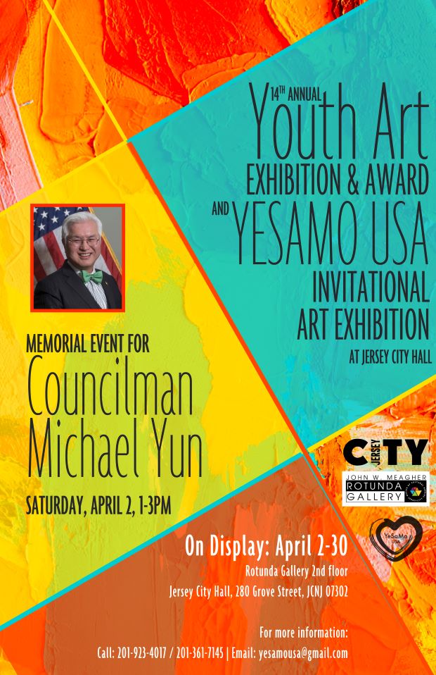 The flyer is art deco with yellow, red, turquoise and orange shades. To the left is the picture of councilman Michael Yun with information for the memorial. On the right side is the information for the Youth Art exhibition.