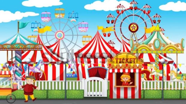 The picture is of a carnival with ferris wheels in the background with blue skies and fluffy white clouds. There are tents with red and white stripes and merry-go-rounds. There is a ticket booth and a man selling popcorn. It is a cartoon.