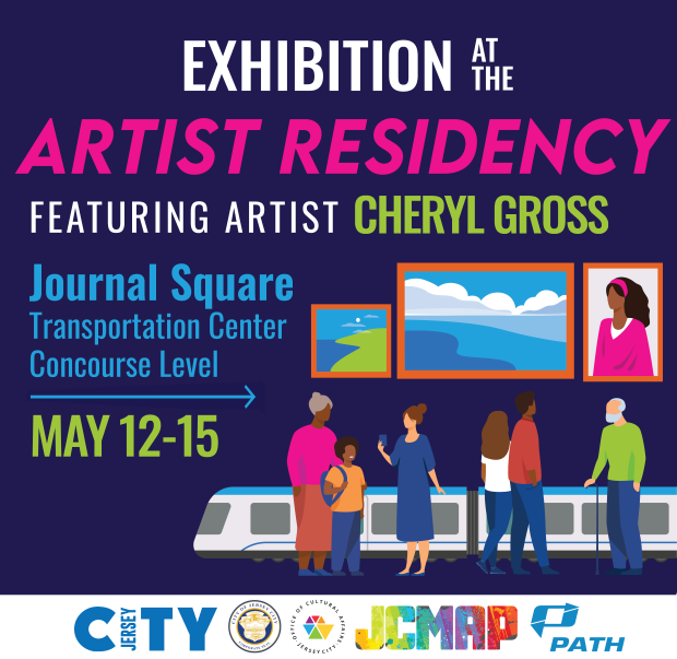 The flyer has a deep purple background with the information regarding the Artist Residency exhibit. The lettering is white, then pink and blue. The right hand bottom corner is a picture of people and a train for commuting.