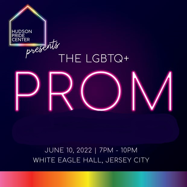 A black/deep purple flyer with an image of a frame of a house in neon rainbow colors. The Center is the LGBTQ+ PROM announcement with details listed at the bottom of the page about a rainbow ribbon.