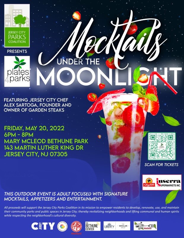 The flyer is a midnight ski with stars twinkling and then fades into blue toward the bottom of the page. There is a picture of a fruity cocktail with strawberries and mint leaves all around. The information for the event reads from the top of the page to the bottom of the page. The date and time is written in a green front.