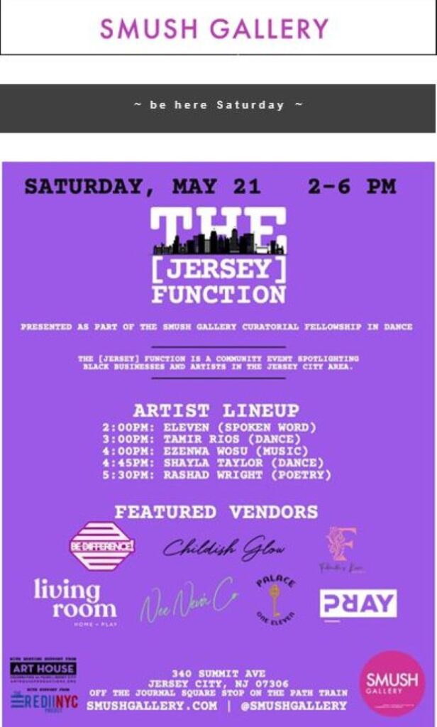 The flyer is purple with the information for the event from the top down to the bottom centered on the page.