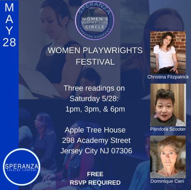 A purple flyer with shadowed images of people behind the information for the event down the center of the page. On the right side of the page are the 3 women playwrights.