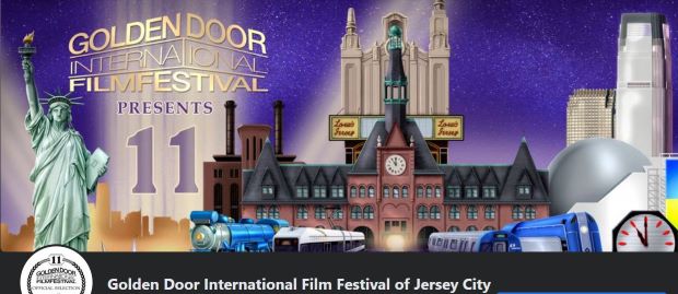 The flyer has the Statue of Liberty on the left then the name of the festival in lights. The next picture is of a train station with trains coming out of it. There is a picture behind the station of The Lowes theater.