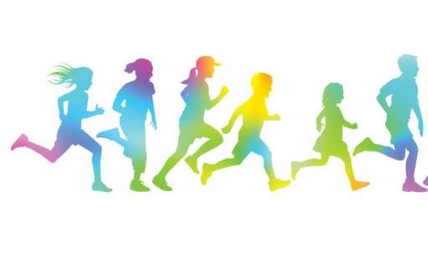 A Silhouette of kids running and they are rainbow colored.