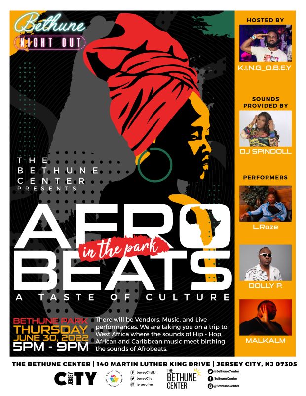 The flyer is a design of a black woman with an African head wrap on and all the information listed on the bottom of the page and to the right of the page are the artist performing. 