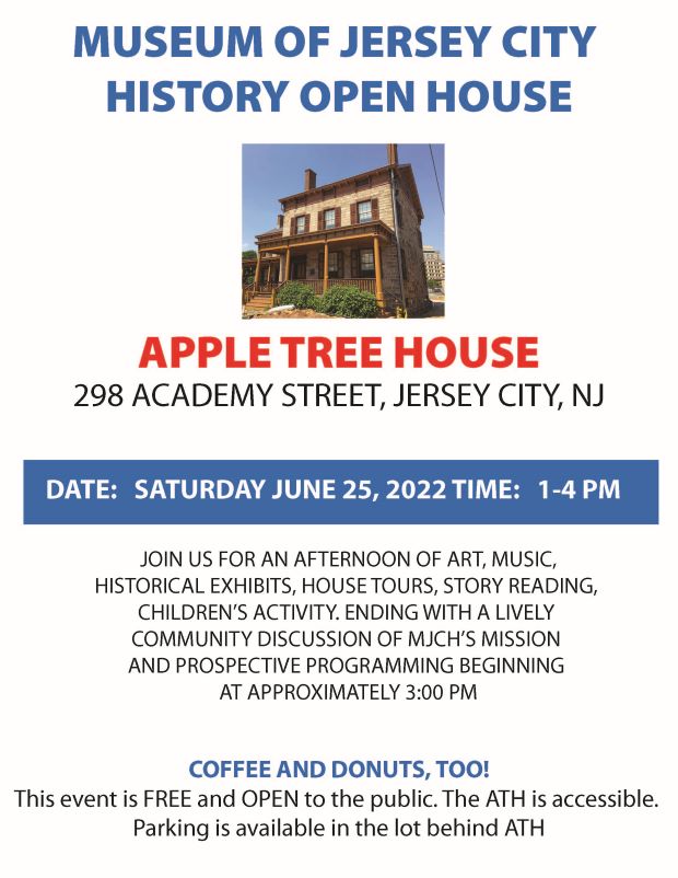 The flyer is framed in blue. The Apple Tree House picture is at the top center of the page. Below the picture is all the information for the open house. 