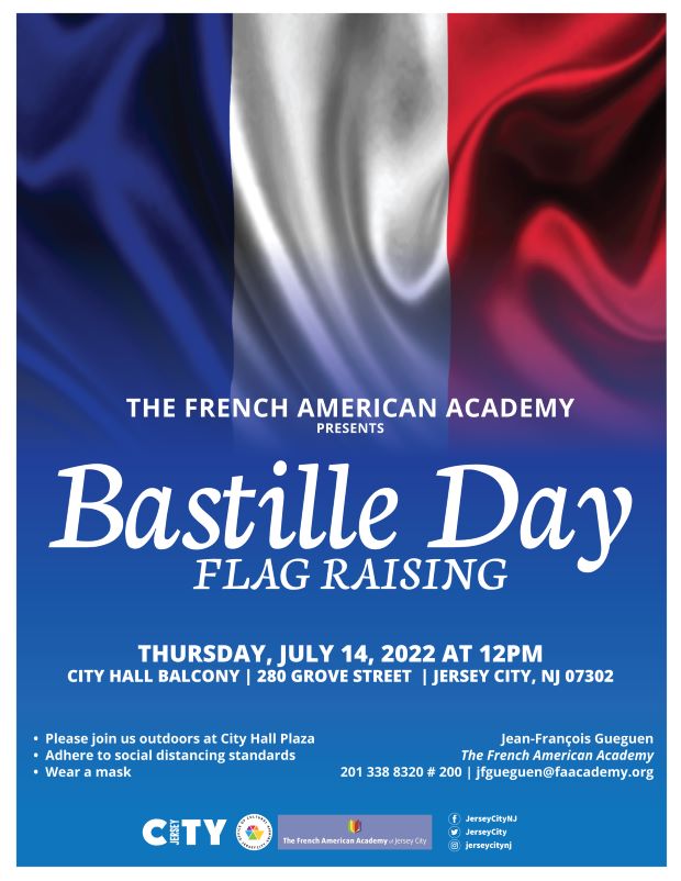 The flyer has vertical stripes of blue white then red along the top half of the page. The middle down is the information for the flag raising.