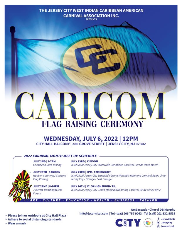 The flyer i a blue sky with the sun shinning through the Caricom flag. The middle of the page down is the flag raising information along with two other events taking place.