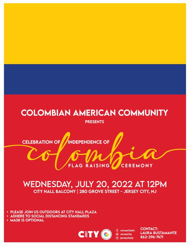 The flyer is the Colombian flag. Yellow at the top, then a smaller horizontal strip of deep blue and then a half of a page of red with the flag raising information.