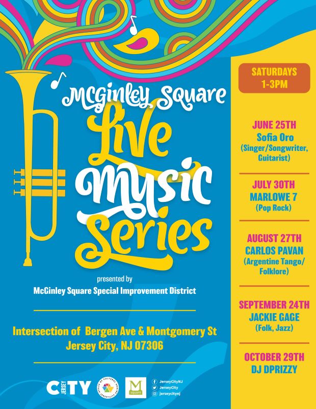 The flyer is is mostly blue with a yellow stripe down the right side. The yellow strip has all the band information listed. On the left is a bugle with a rainbow of sound glowing across the top of the page. In the middle down is the announcement of the live music series.