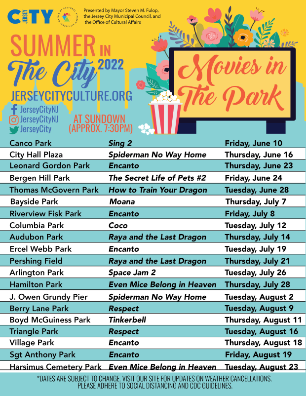 The flyer is yellow on top with with a silhouette of the city in a pale blue. The information is listed all throughout the page. There ae flowers with a sign in front of them stating Movies in The Park with a box of popcorn to the left of the sign.