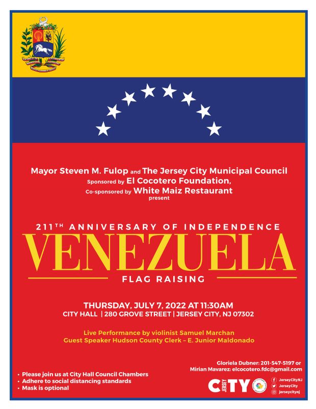 The flyer is the Venezuelan flag. Yellow at the top with the Venezuelan seal in the top left corner. The next is a deep blue with a half circle of stars in the middle. The next is the red with all the flag raising information.