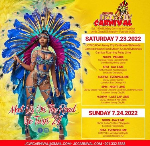 The flyer is a Caribbean woman dressed with a full headdress with blue and purple feathers. The woman is on the left and wearing a costume with beading. The information is listed down the right side of the page..