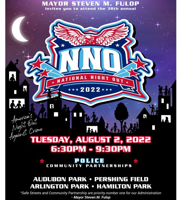 The flyer is a silhouette of a neighborhood and all people out through the neighborhood. In the left corner is a crescent moon. All the information for the event is listed from top to bottom.  
