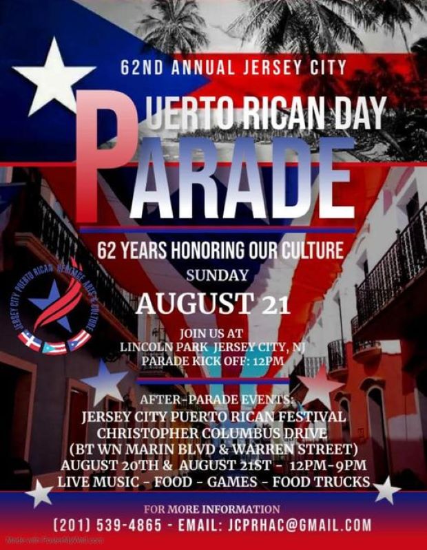 The flyer is the Puerto Rican flag along the fop blended with an image of Puerto Rico throughout the page with the information listed down the center of the page from top to bottom.