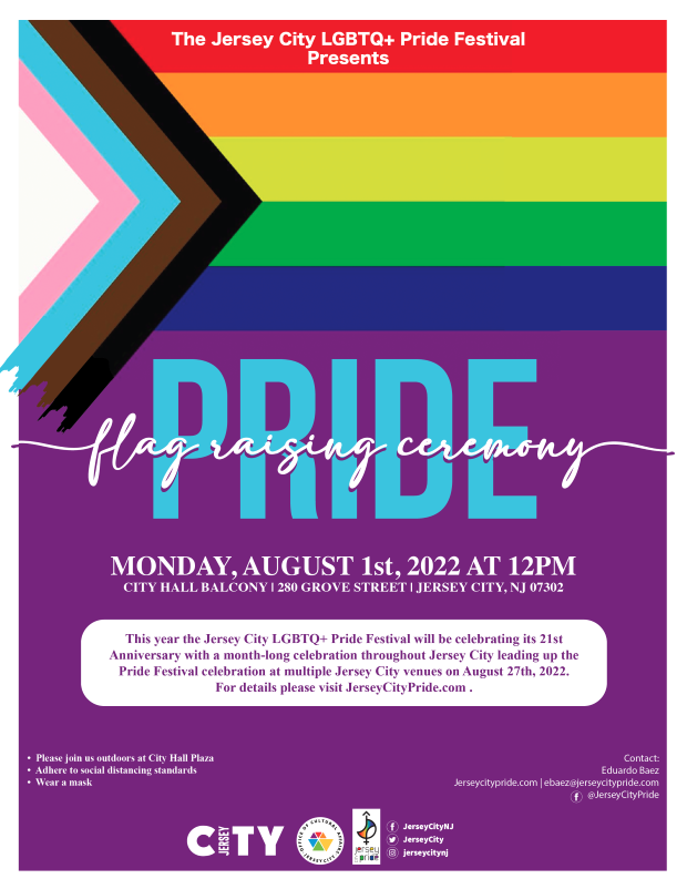The flyer is the Pride Flag along the top of the page. The last color purple goes throughout the remainder of the page. In the purple is the information for the flag raising.