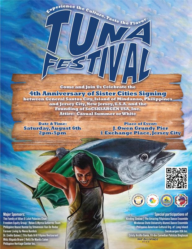 The flyer as an water color image of water along the left side of the page with clouds along the right side. The middle is a board that looks like driftwood and then a man carrying a large tuna. The information for the event is listed from the top to the bottom of the page. 