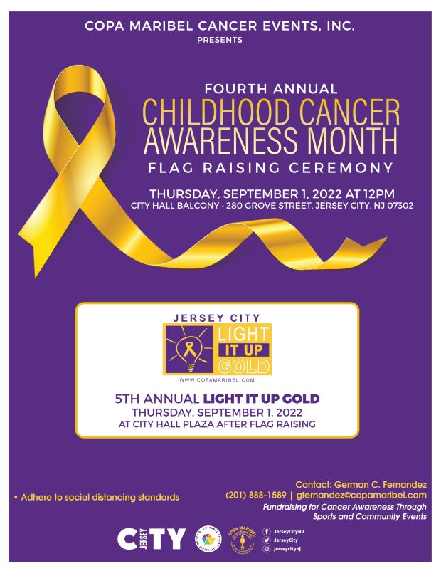 The flyer is purple with a gold ribbon on the top left side. The information for the ceremony is to the right of the golden ribbon. The lower portion of the page is a placard with the light it up GOLD emblem with the ceremony information.