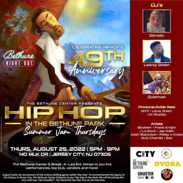 The flyer is a DJ mixing music. There is a building with people in the window over his right shoulder and the sky with some sunshine over his left shoulder. The information is listed to the left, right and bottom of the DJ. An additional column on the right with the DJs performing.