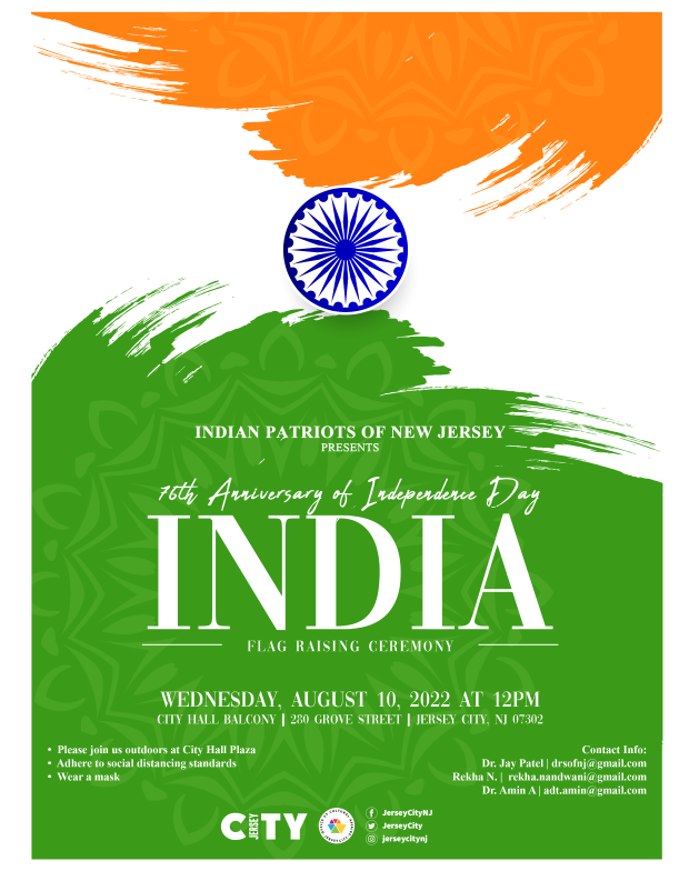 The flyer is shaded with the colors of the India flag. There a splash of orange along the top then white with the crest in the middle. Then green with all the information for the flag raising. 