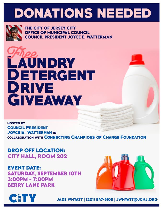 The flyer has a navy blue stripe across the top stating "DONATIONS NEEDED". Then half of the page is pink with a pile of folded towels and a bottle of detergent on the right side. The bottom half is white with the information for the donations and event on the left. in the lower right corner are orange, red and green detergent bottles.