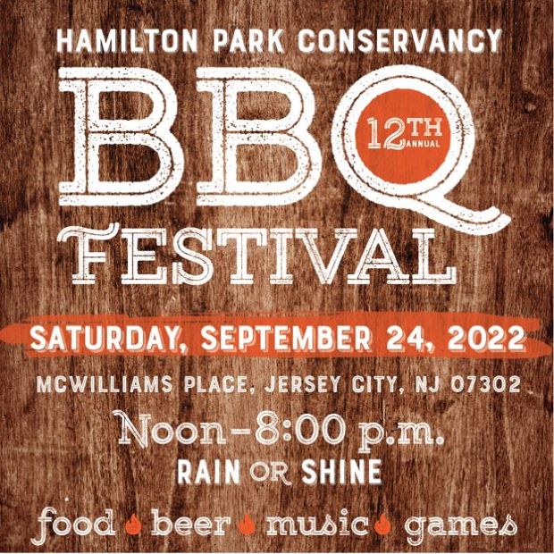The flyer is a wood grain color. It lists from top to bottom all the information regarding the BBQ. 