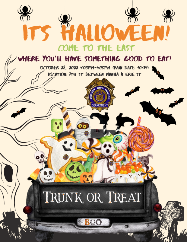 The flyer has a spooky tree on the left side. The middle picture is the back of a pick up truck with Halloween decorations of candy and ghosts. There are bats flying around. The top of the flyer has 4 spiders hanging down. The top center is all the information for the event.