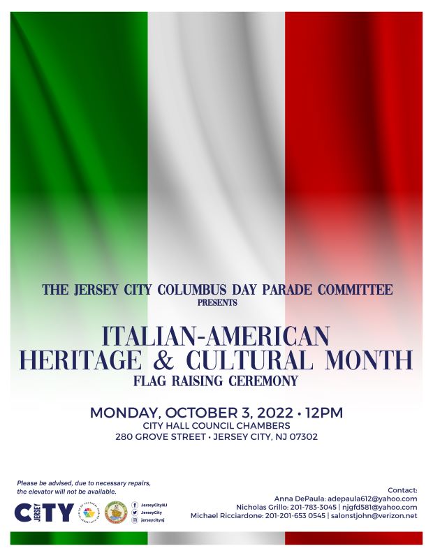 The flyer is a vertical picture of the Italian flag. The lower portion of the flyer is the information for the flag raising. 