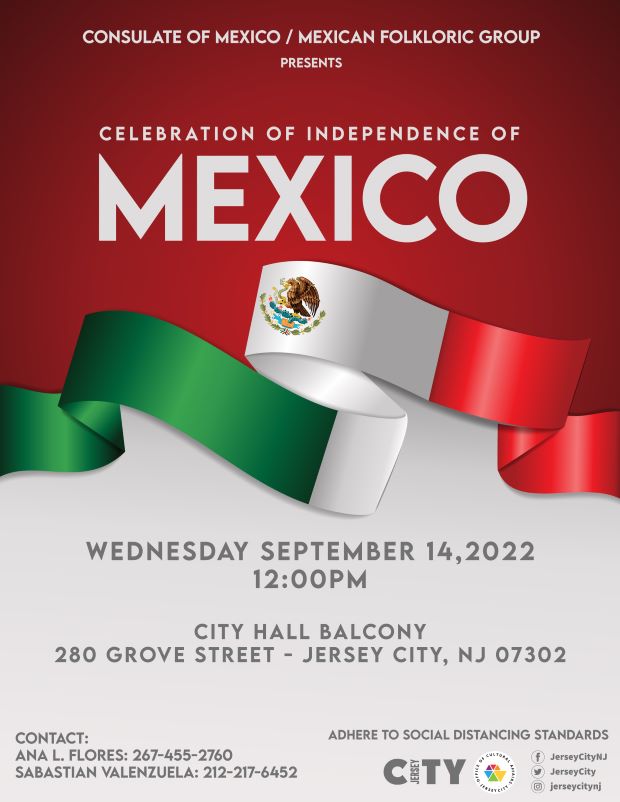 The top of the flyer is red and the lower half is white. There is a ribbon flowing through the middle of the flyer that is green, white and red with the Mexican seal in the middle. The information for the flag raising is listed along the top half and bottom half of the page. 