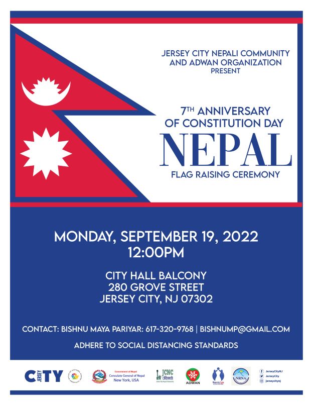 The flyer is the Nepal flag along the top half of the page with information listed on the right for the flag raising. The lower half of the flyer is navy blue with additional information about the flag raising. 