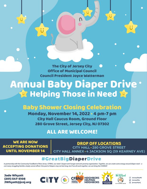 The flyer has shades of sky blue and clouds with stars hanging down with smile faces on them. There is an elephant at the top center sitting on a cloud with the trunk up. The information for the event is listed in the center of the page down through the bottom of the page. 
