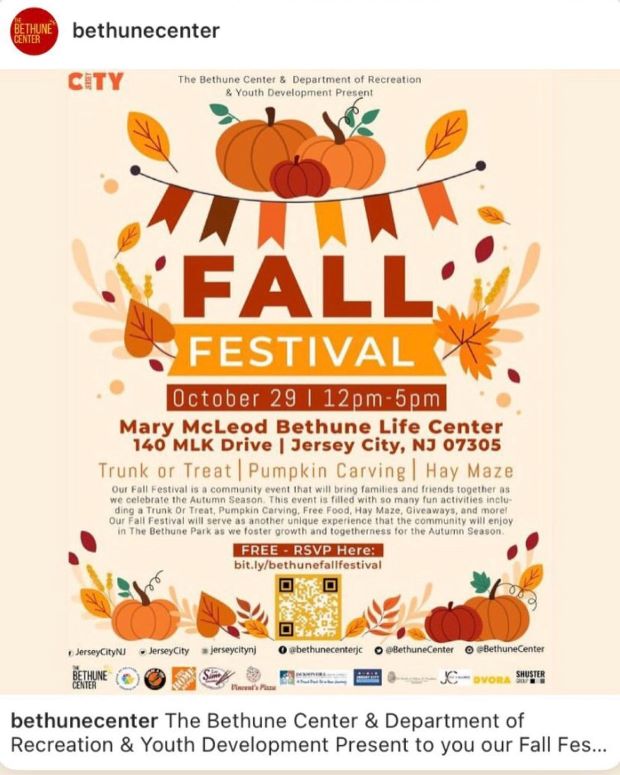 The flyer is tan with fall foliage and pumpkins at the top and around the announcement throughout the page and along the bottom 