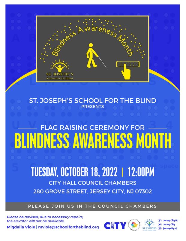 The flyer is a dark blue on top with a yellow arched stripe across the page then a lighter shade of blue. The Blindness logo is framed and centered at the top of the page. The information is listed in the center of the page down to the bottom of the page. 