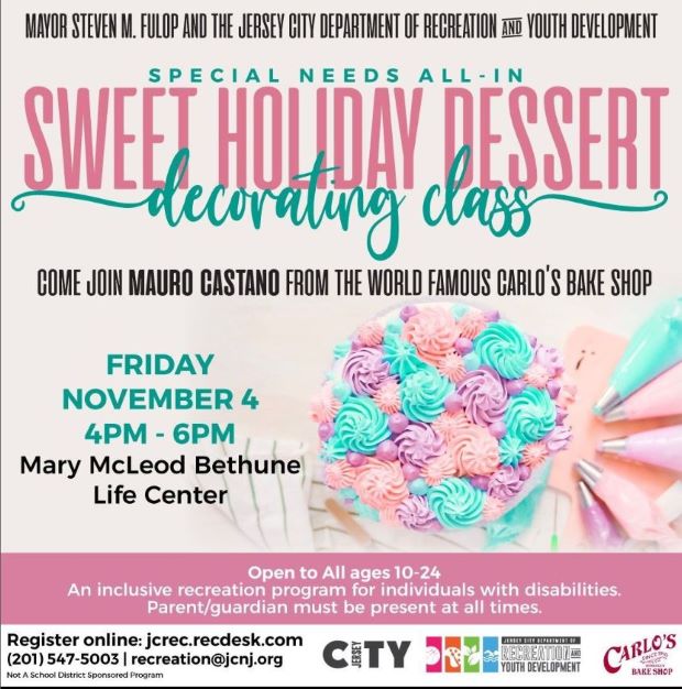 The flyer has a paste blue, pick and lavender decorated cupcake in the lower right corner. the information for the event is throughout the entire page written in pink and teal blue and black writing. 