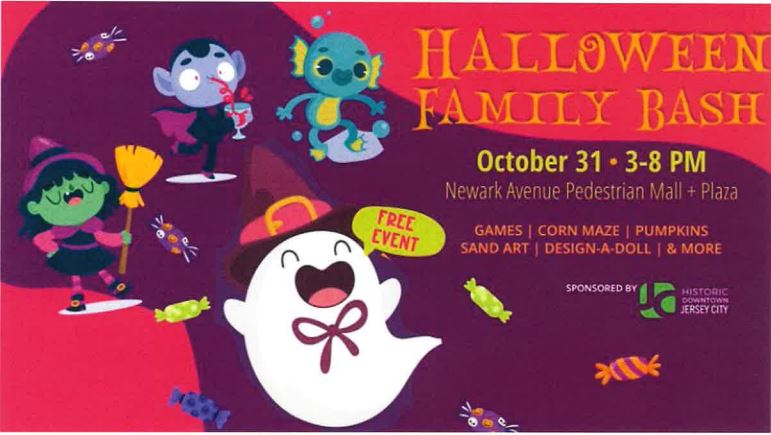 The flyer is pin and purple with different comic characters dressed for Halloween. There is a witch, a ghost, a vampire and a sea monster all along the left side of the page. The right side is the information for the event. 