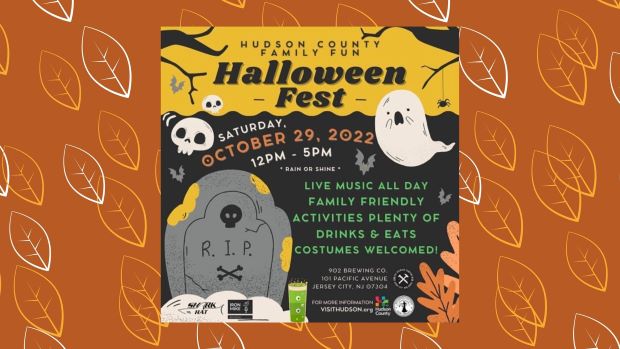 The flyer has a orange background of leaves with a Halloween flyer in the center. The flyer has a yellow sky with along the top and black bottom. There are tree limbs and ghosts and skeleton heads along the top. The bottom is a tombstone on the right lower corner. The information is listed throughout the page.  
