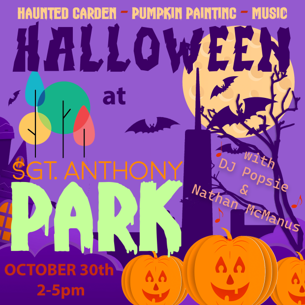 The flyer is purple with a full moon in the top right hand corner. There are some bats flying and a haunted house with a leafless tree under the moon. The information is listed from the top of the page down about the event.  