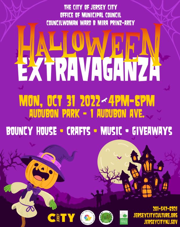 Flyer has a purple background. Halloween Extravaganza is written across top in gold and green. Wordage detailing event is below. Night time setting with a scarecrow with a Jack O’ lantern head and haunted house pictured against a moonlight sky.