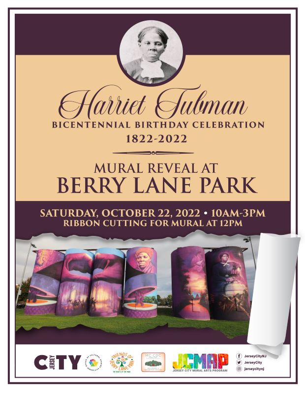 Flyer with cameo of Harriet Tubman on top Wordage detailing event underneath abstract mural in purple and pink tones on bottom